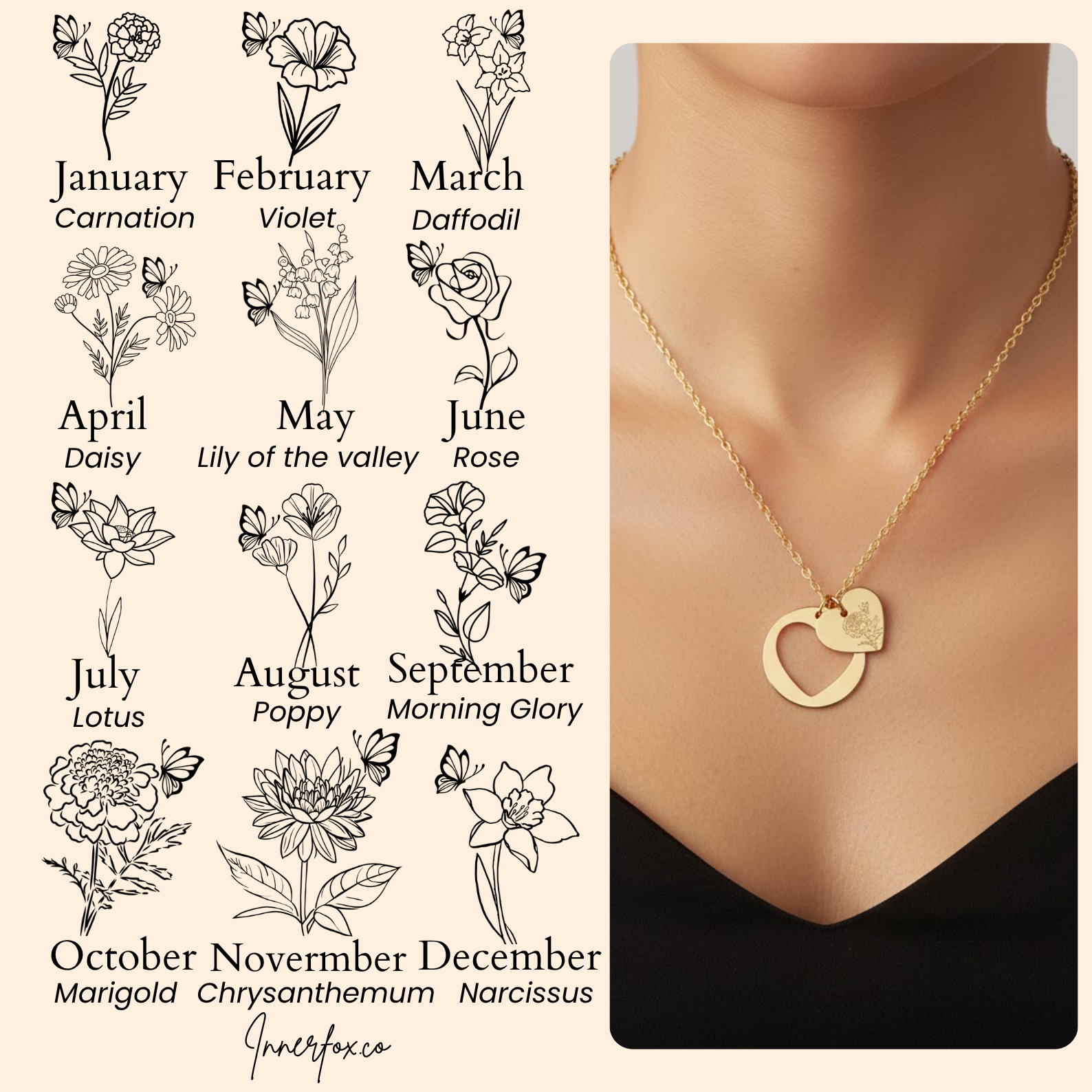 Heart Cutout Necklace (Birthflower Engraving)