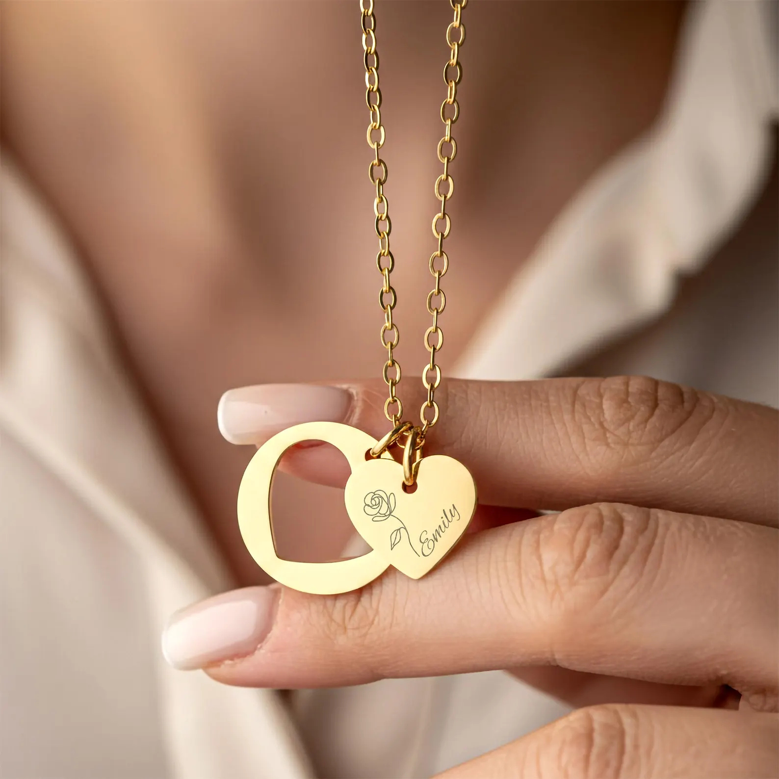 Heart Cutout Necklace (Birthflower Engraving)